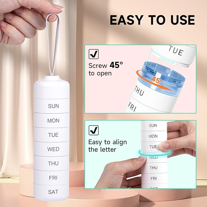 Cute Pill Organizer, Cute Weekly Pill Box for Travel, Cute Daily Pill Case 7 Day, with 7 Large Stackable Compartments, Sturdy ABS Pill Holder for Vitamin Supplement Medicine (White)