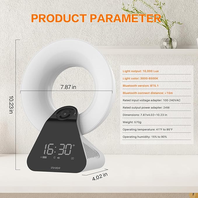 Voraiya Light Therapy Lamp 10000 Lux with Bluetooth, 8 White Noises, Dimmable Wake Up Light Sunrise Alarm Clock, 4 Timer Settings, Memory Function for Sensitive Sleepers and Home Office