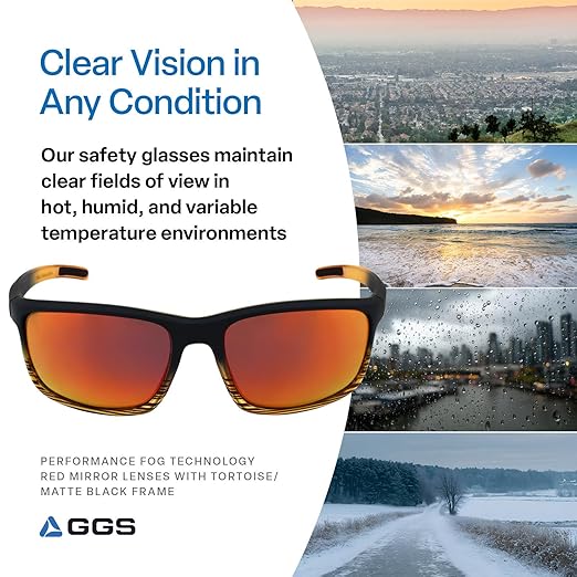 Bullhead Safety Pompano Polarized Safety Glasses with Performance Fog Technology, ANSI Z87+, Blue Light with UV Light and Anti-Scratch Protection, Red Mirror Lenses with Tortoise/Black Frame