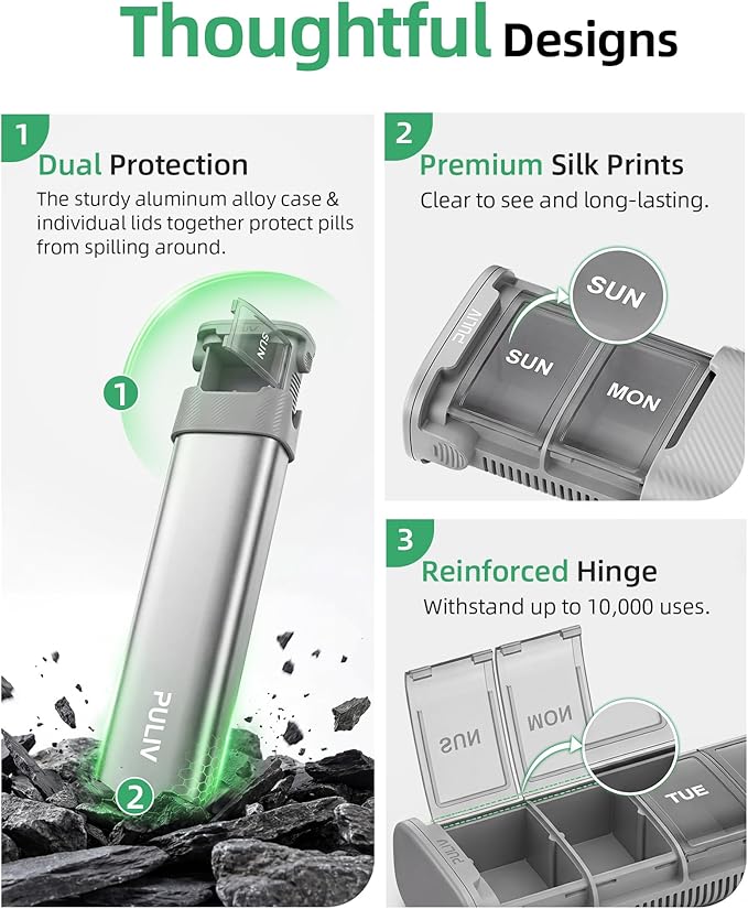 PULIV Metal Weekly Pill Organizer with Sturdy & Sleek Aluminum Alloy Case, Pill Case with Triple Protection Against Spilling, Compact Travel Pill Box 7 Day for Vitamins, Fish Oil, Supplements, Silver