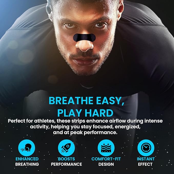 Nose Strips for Breathing (40 Count) - Oil & Sweat Proof Adhesive - Nasal Strips for Snoring - Intake Breathing & Athletic Performance - Extra Strength - Day and Night use.