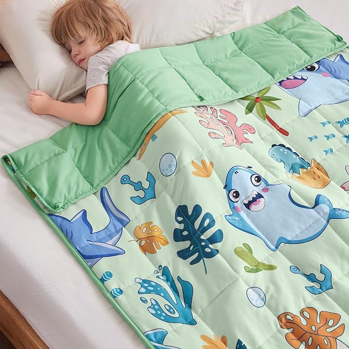anfie Weighted Blanket Kids(40"x60" 10lbs) Weighted Blanket Cooling Blanket for Sleeping,Throw Size Breathable Blanket with Premium Glass Bead(Green Shark)