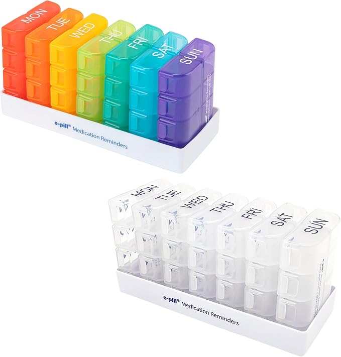 e-Pill 8 Times a Day x 7 Day Large Weekly Pill Organizer, Vitamin, and Medicine Box (2-Pack (Clear & Rainbow))