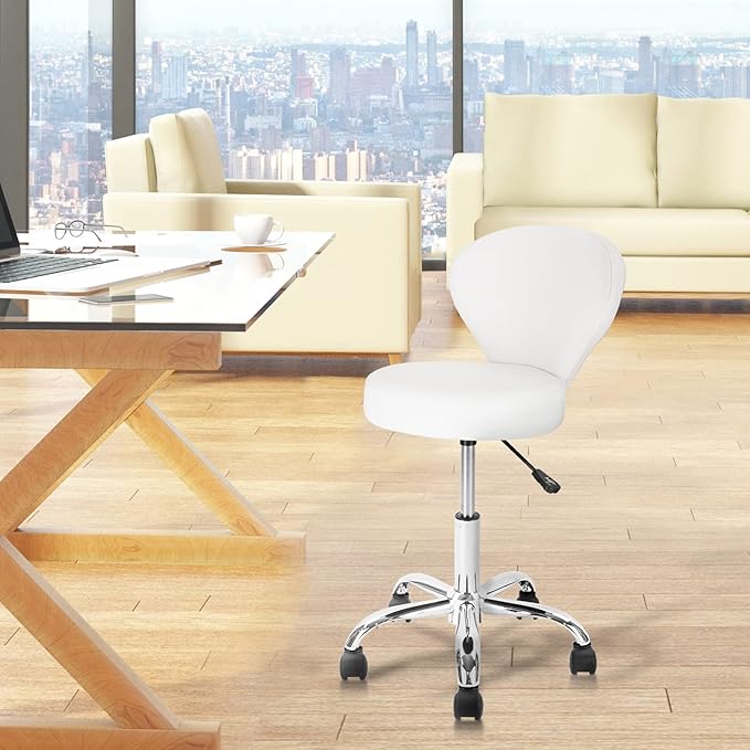 Adjustable Swivel Rolling Stool Chair with Backrest and Wheels, Multi-Purpose Office Desk Chair, Thick Seat Cushion for Home Bar Kitchen Shop, White