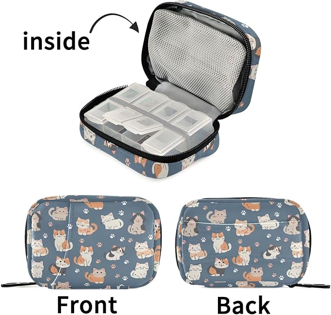 Fustylead Cute Cartoon Cats and Paw Prints Pill Organizer and Storage Weekly with Zipper, Removable Pill Box Portable Medicine Organizer for Vitamin Fish Oil Supplement