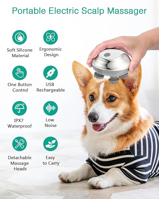 ORIA Electric Pet Massager for Dogs Cats, Handheld Scalp Massager with 4 Massage Heads, 3 Speed Modes, Waterproof Dog Massage Tool, Head Scratcher for Relaxation, Soothing & Bonding