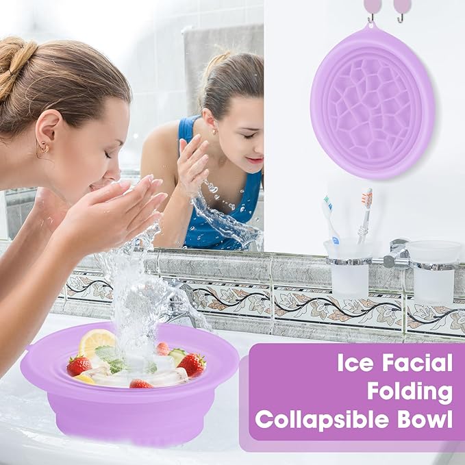 Face Bowl for Ice With Built-in Ice Tray Collapsible Silicone Facial Face Ice Bath Bowl Small Reusable Cold Plunge Basin is Portable,Perfect for Home Use,Camping,Travel Cold Bath Spa Tool & Purple