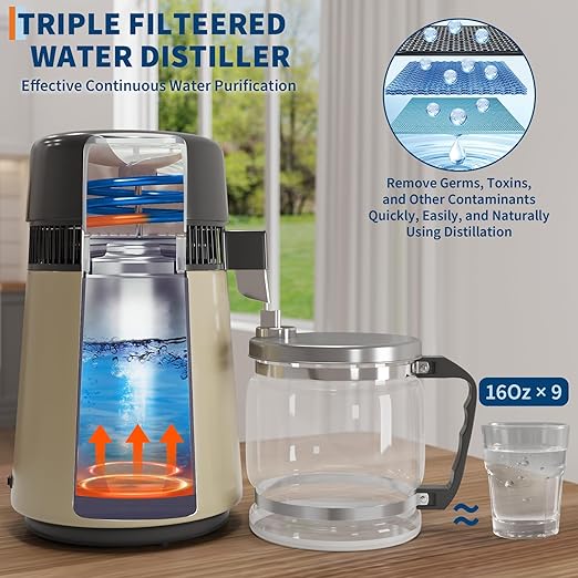 4L Water Distiller, 1 Gal Stainless Steel Distilled Water Machine with Glass Container, 750W Countertop Purifier Filter Kit for Home, Desktop Drinking Water Maker - Gold