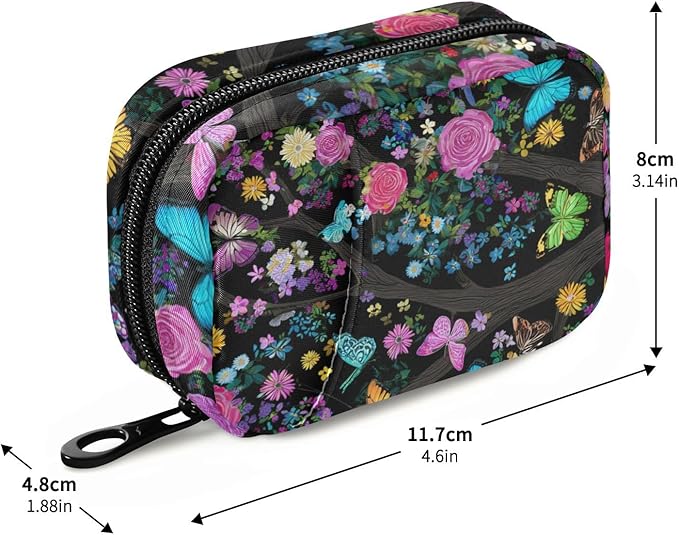 Rose Flowers Butterfly Trees Black Travel Pill Organizer Case Box Container Weekly Portable Vitamin Medicine Holder Storage Bag with Zipper Removable