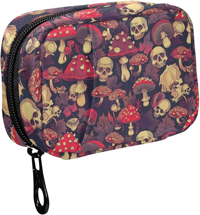 Fustylead Red Amanita Mushrooms Fall Leaves and Skulls Travel Pill Organizer Case Zipper for Purse with Removable Weekly Pill Box for Medicine, Vitamin, Supplement Medicine Organizer
