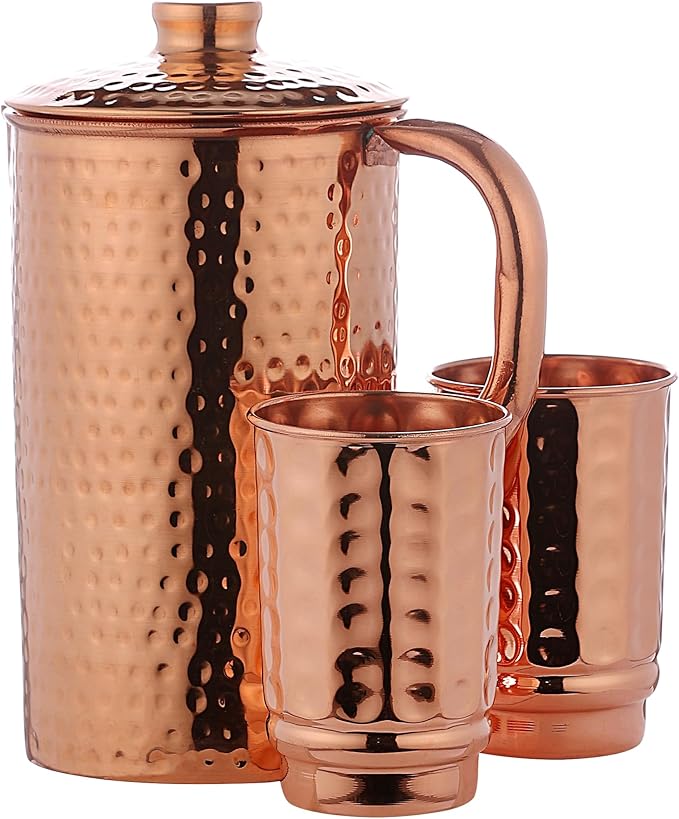 Copper Pitcher with 2 Copper Cups Set | Pure Copper Water Jug & matching tumblers Set for Home & Wellness, Hammered Finish Handcrafted for Daily Hydration & Natural Living