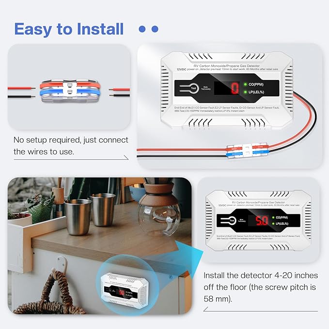 RV Carbon Monoxide & Propane Gas Detector, Dual LP/CO Gas Alarm with Separate LCD Indicator Lights, 85dB Loud Alarm, Carbon Monoxide Propane Gas Leak Detector for RV and Home Use-12V DC