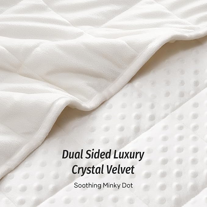Wemore Minky Dot Weighted Blanket for Adults Twin Size 15 lbs, Soft Heavy Blanket for Stress Relief and Sleep Promotion, Breathable Blanket for All-Season with Glass Beads, White 48 x 72 inches