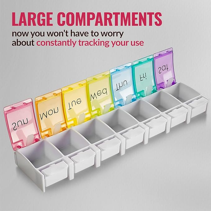 Weekly Pill Organizer - (Pack of 2) Colorful 7-Day Easy Push Button Assisted Open for Arthritis and Seniors, BPA Free, Daily Travel Pill Box Case Planner for Medication Vitamins Fish Oil Supplements