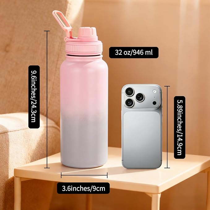 Water Bottle 32oz - Leakproof & BPA Free Sports Water Bottle Carry Strap for Gym, Travel and Outdoor Sports (Stainless steel insulation-Pink)