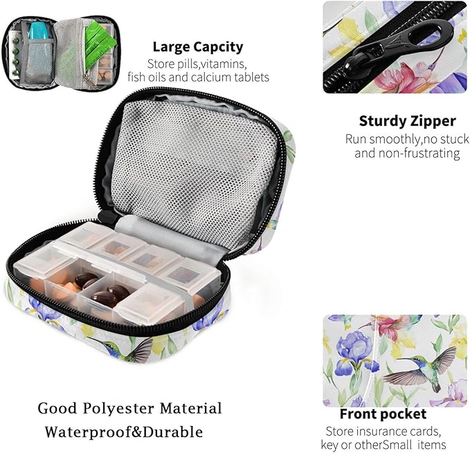 Fustylead Beautiful Hummingbirds Magnolia and Iris Flower Pill Organizer for Purse, Weekly Portable Pill Box with Zipper to Storage Vitamins Fish Oils Medications Supplements