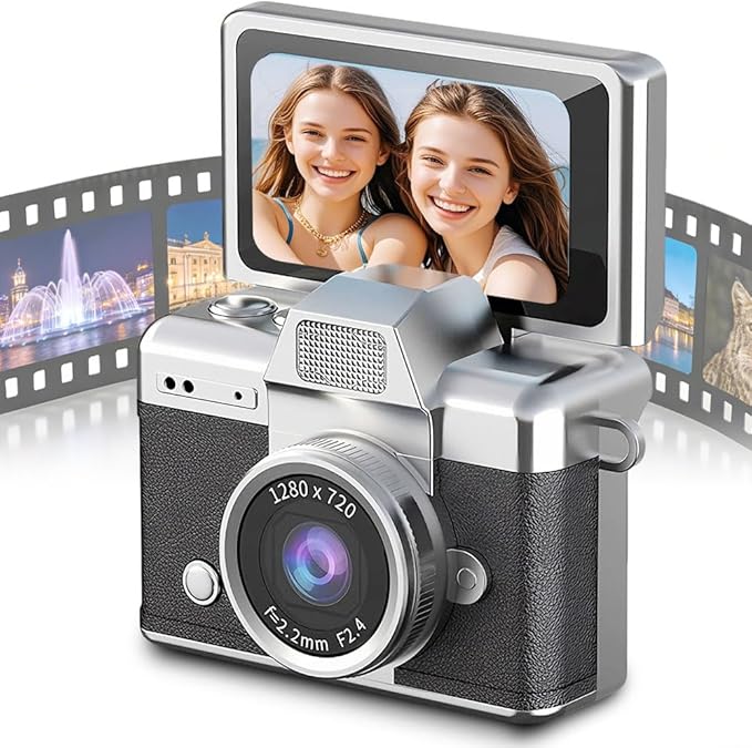 Mini Camera with Flip Screen, 2026 New Mini Digital Camera with 1.47 in LCD Screen, 1080P FHD Recording with 0.96" IPS Screen with 6 Retro Filters AVI, 32GB No Memory Card Included (Black)