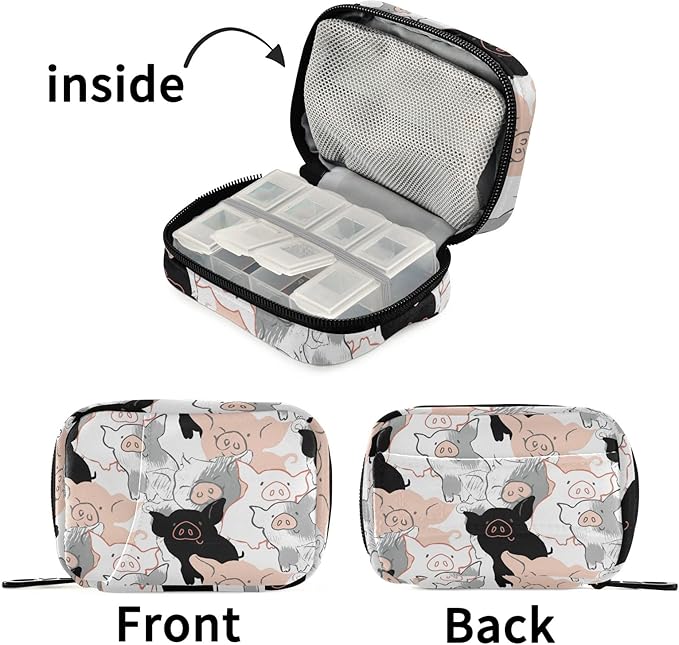 Cute Pigs 7 Day Pill Organizer Travel Pill Case Portable Weekly Pill Box Bag Container Vitamin Supplement Holder with Zipper for Family Business