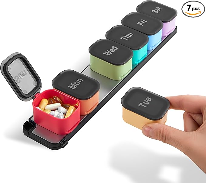 Pill Box 7 Day – Weekly Pill Organizer with Magnetic Detachable Compartments, 1 Time a Day for Vitamins & Supplements, Easy-Open Lids, Color-Coded Daily Containers with Easy-to-Read Day Markings