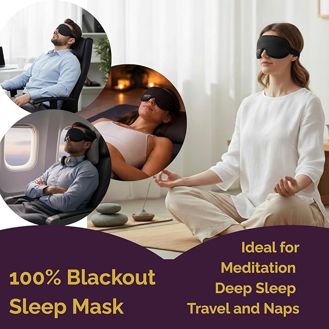 3D Sleep Mask for Back Sleepers - True Blackout Eye Masks for Sleep - Zero Eye Pressure Nose Seal Eye Cover for Meditation, Naps & Travel, Adjustable & Comfortable - Jet Black