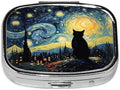 ABLESKY Pill Box, 2 Compartment Pill Organizer Case for Pocket or Purse, Small Portable Metal Travel Medicine Box with Mirror, Daily Vitamins Fish Oil Container-Starry Sky Cat
