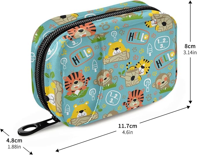 Pill Box Tiger Bear Monkey Cartoon 7 Day Pill Case Travel Pill Organizer Bag with Zipper Portable Weekly Vitamin Medicine Supplement Holder Pouch Bag