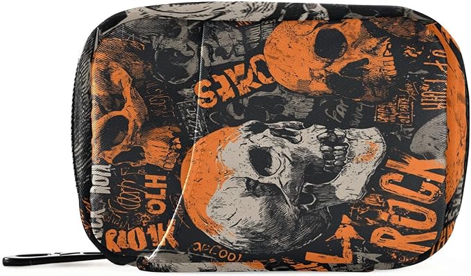Orange and Grey Vintage Rock Skulls Travel Pill Organizer Case Box Container Weekly Portable Vitamin Medicine Holder Storage Bag with Zipper Removable