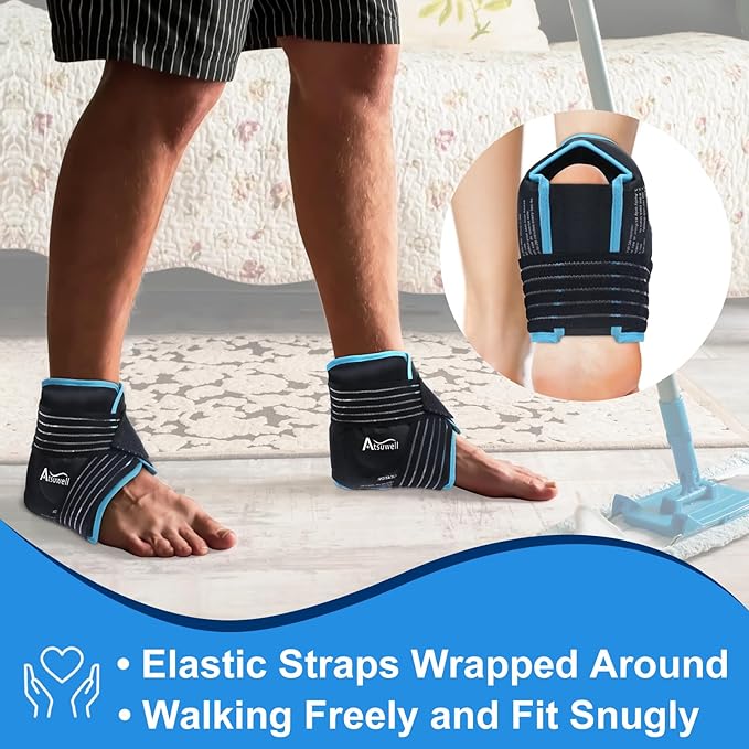 Atsuwell Ankle Ice Pack Wrap, Reusable Gel Ice Pack for Foot Ankle Heel, Foot Ice Wrap with Soft Plush Lining, Cold Compress Therapy for Soothing Discomfort, Black