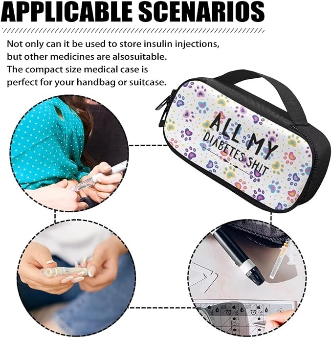 Rnyleeg All My Diabetes Shit Insulin Cooler Travel Case Dog Paw Prints Insulin Bag for Women Men Boys Girls Diabetic Supplies Travel Case Organizer