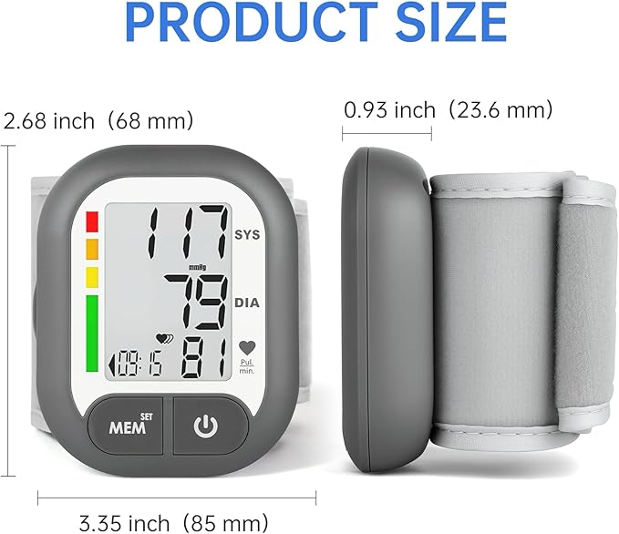 Blood Pressure Monitor Adjustable Wrist Cuff for Home Use Automatic BP Machine Large Digital LCD Display 199 Memory Batteries Included with Carrying Case, Grey