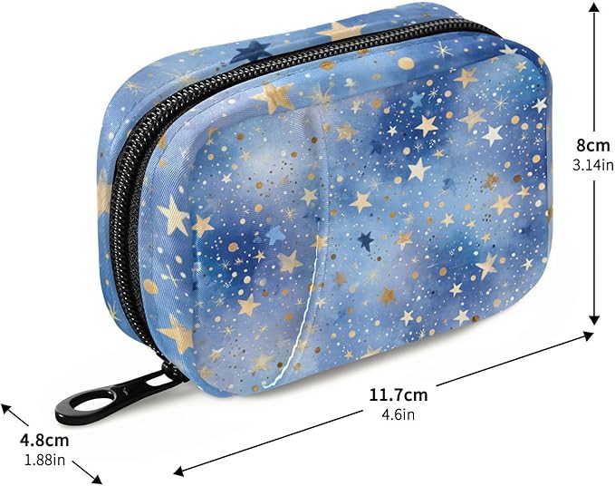 Blue Romantic Golden Stars Travel Pill Organizer Case Box Container Weekly Portable Vitamin Medicine Holder Storage Bag with Zipper Removable