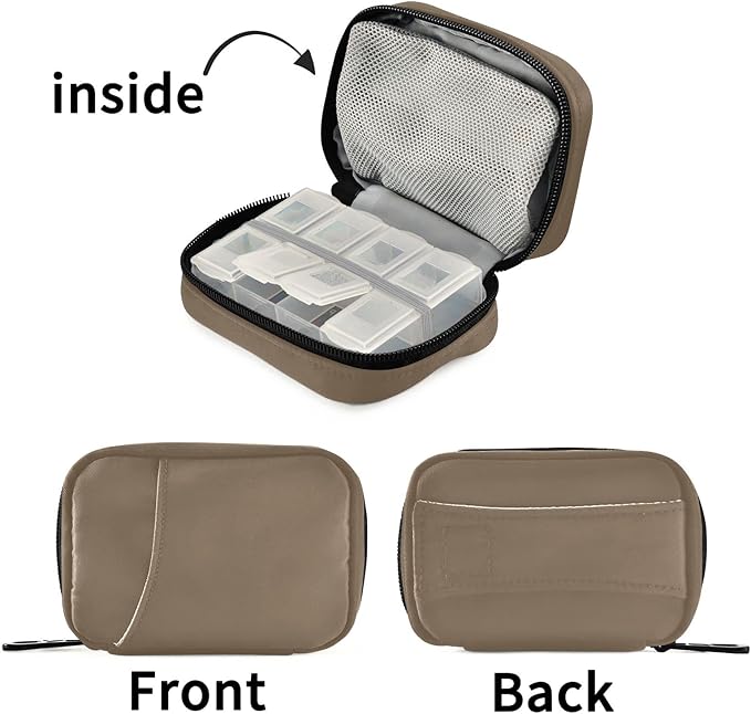 Pill Box 7 Day Pill Case Travel Pill Organizer Bag with Zipper Portable Weekly Case Compact Size for Vitamin Supplement Holder, Solid Color Brown