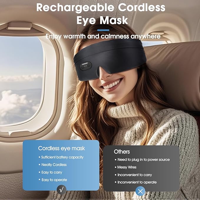 Heated Eye Masks for Dry Eyes, Cordless Silk Mask, 3 Heat Levels Electric Heating Pad for Eye Strain Relief & Fatigue,Ideal Eye Mask for Men Women,Sleep,Travel,Relaxation