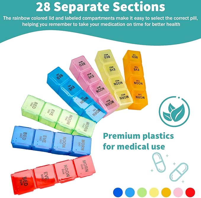 9 Pack Weekly Pill Organizer Box Waterproof Big Medication Box 4 Times a Day 7 Day Case Container for Daily Travel for Vitamins and Fish Oil Supplements