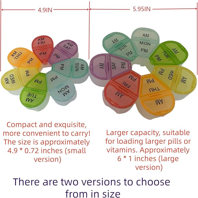 Cute 7 Day AM PM Pill Organizer, Twice a Day Weekly Pill Box with 7 Color Coded Compartments, Flower Shape Portable Travel Pill Case for Vitamins, Supplements and Medications (Multicolor, Small)