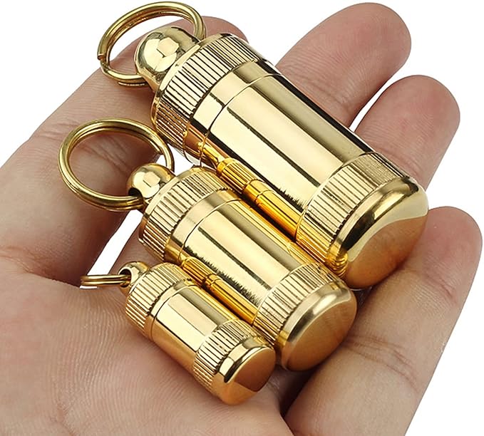 Portable Pill Case Container, Mini Brass Waterproof Keychain Pill Storage Box, Pill Holder Medicine Organizer for Pocket, Purse, Necklace, Outdoor Travel/Camping, S