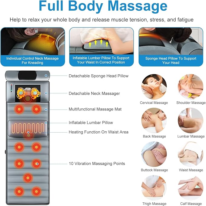 Automatic Heat Vibration Full Body Massage Mat Electric Massage Pad Cushion with 10 Vibration Motors 3 Timers Back Massage Mattress Chair Pad with Neck Massager Lumbar Pillow for Home Office