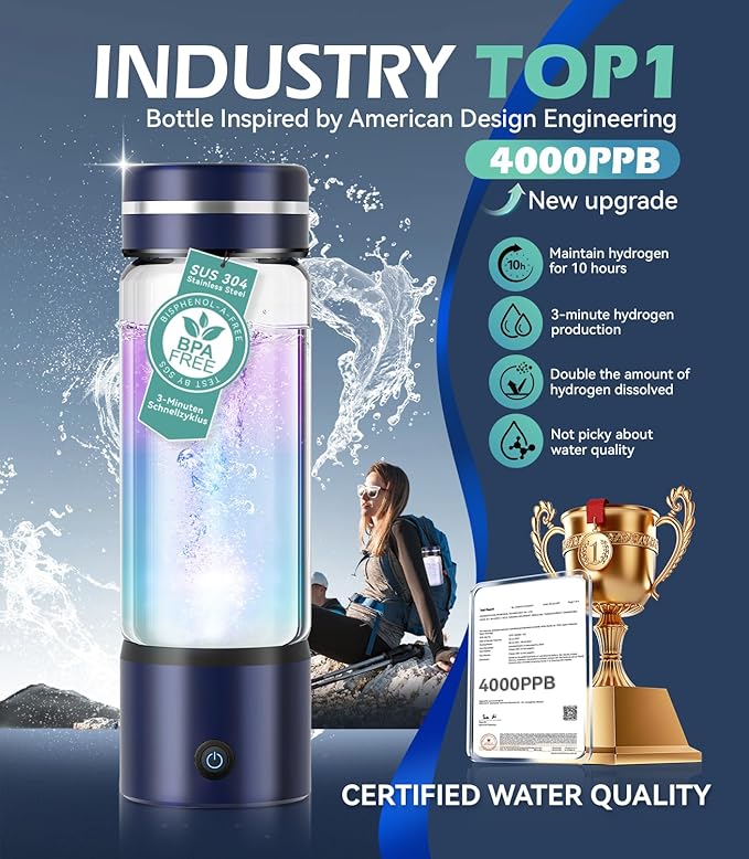 5.0 Upgrade 4000PPB High Concentration Hydrogen Water Bottle Generator【NO.1-24-Hour Hydrogen Lock】 SPE PEM Technology, Double Hydrogen Content for Post-Workout Recovery