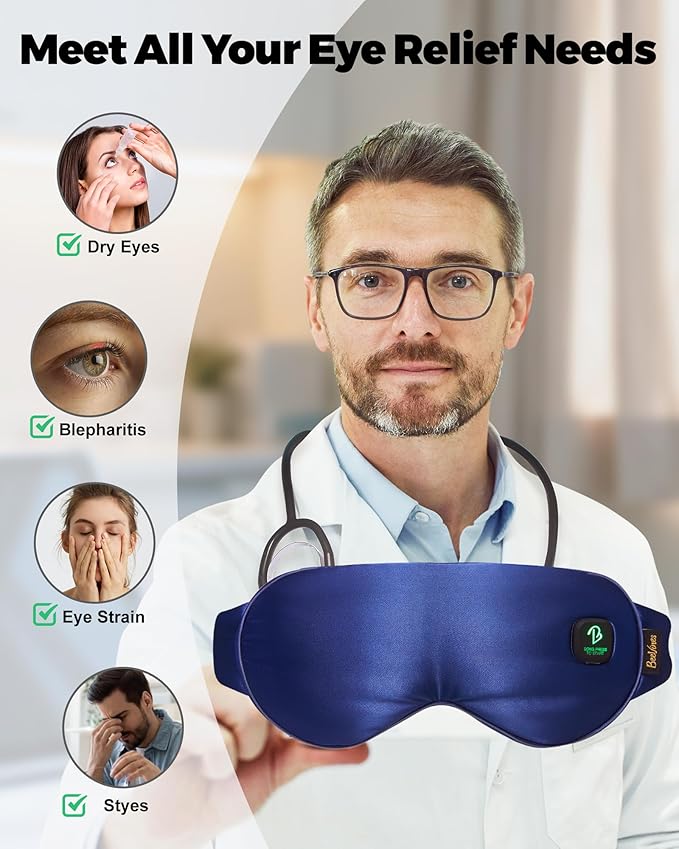 BeeVines Cordless Heated Eye Mask for Dry Eyes, Washable Heat Eye Masks for Blepharitis, Warm Eye Compress for Men & Women, 1500mAh Rechargeable Eye Warmer with Travel Pouch(Blue)