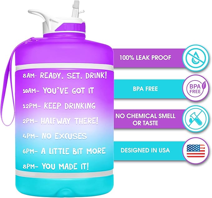 NatureWorks HydroMATE Gallon Water Bottle with Straw BPA FREE Leak Proof Reusable Water Bottle with Times to Drink Marked Hourly 128 oz