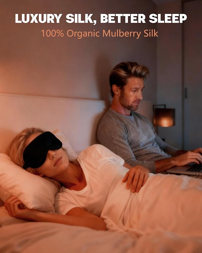 100% Mulberry Silk Sleep Mask with Adjustable Strap, 16-Momme Light-Blocking Eye Mask for Sleeping, Hypoallergenic Silk Eye Masks for Women and Men, Perfect Travel & Gift Choice（Black）