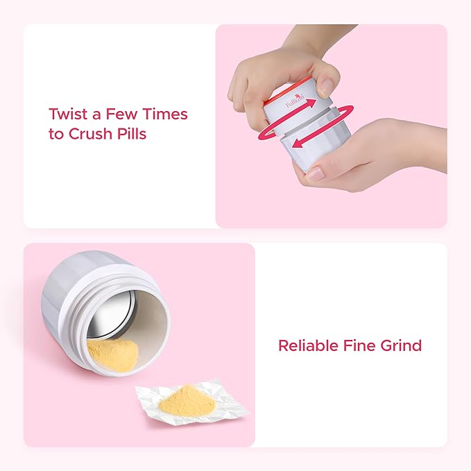 Fullicon Pill Crusher Fine Powder, Stainless Steel Grinder Head, 2-in-1 Medicine Crush with Storage, Small Pill Grinder for Pets, Elderly & Kids (Pink White)
