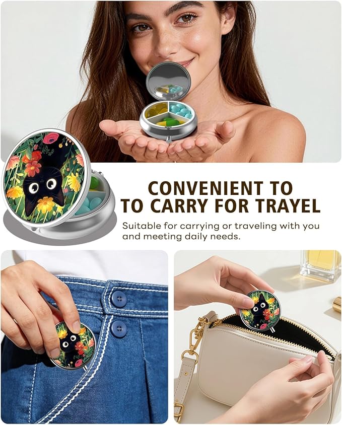 LRITER Pill Case, Portable Travel Pill Box, Pillbox Organizer, Cute Small Medicine Storage Container, Purse Accessories for Women, Men (Cute Cat)