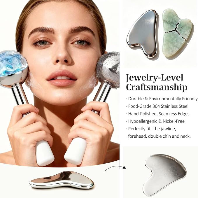 Ice Roller for Face, Stainless Steel Gua Sha, Ice Face Roller for Depuffing, Lymphatic Drainage, Collagen Boost on Face, Body, Neck, Birthday Gifts, Relaxation, Skincare, at Home Spa