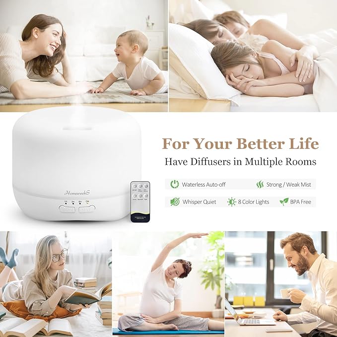 Aromatherapy Essential Oil Diffuser for Room: Air Humidifier Aroma Scent Cool Mist Colorful Lights Cute Small Large Waterless Auto Off Ultrasonic Diffusers for Home Bedroom White (300ml)