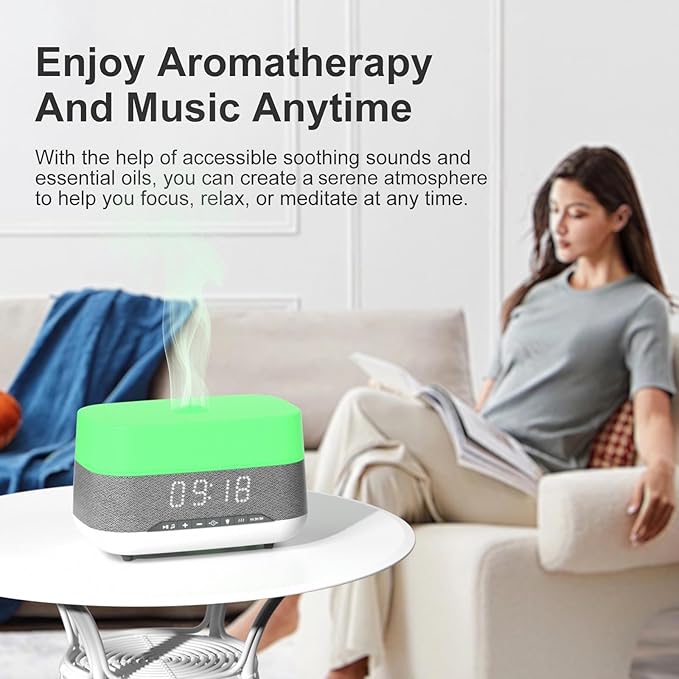 300ml Essential Oil Diffuser with Bluetooth Speaker & Alarm Clock | Auto Shut-Off, Colorful Night Light, Timer for Bedroom, Office, Yoga（White）