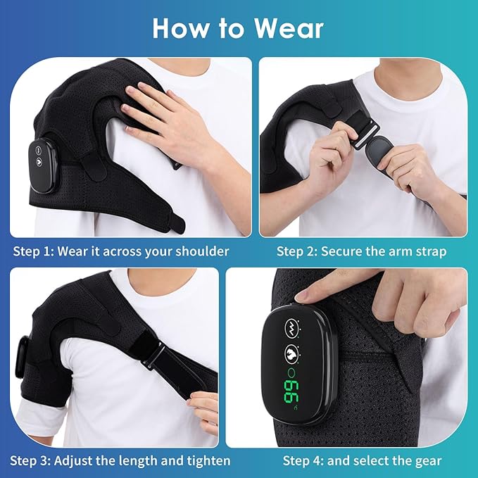 Shoulder Heating Pad with 3 Vibration Modes, Portable Electric Cordless Shoulder Massager,Shoulder Wrap Pain Relief Ideal Gifts for Men, Women, Seniors - Black