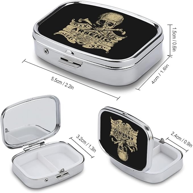 Metal 2 Compartment Pill Organizer Travel Friendly Portable Compact Pill Box Cute Pill Case to Hold Vitamins/Fish Oil/Supplements/Meds/Tablet for Purse/Pocket (Arsenic Poison)