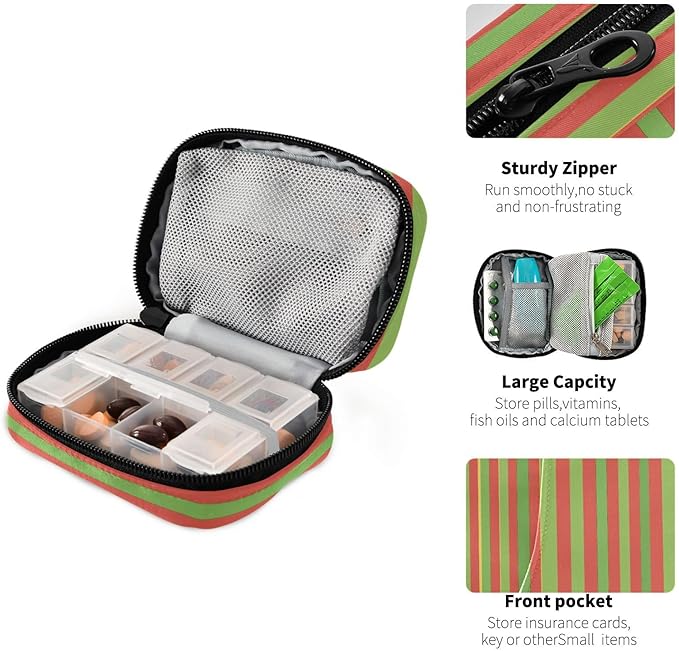 Green Red Stripe Travel Pill Case Bag with Compartments Twill Fabric Organizer with Plastic Inner Box for Medication Vitamins & Supplements