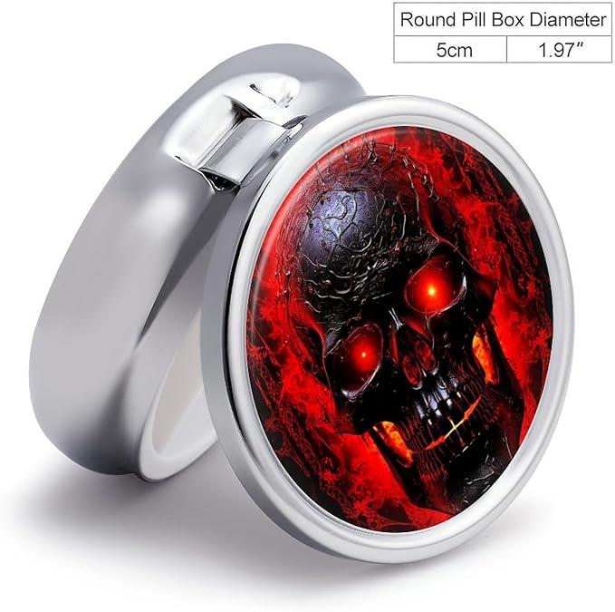 Pill Box Black and Red Skull Round Metal Pill Case with 3 Compartments Portable Mini Medicine Drug Holder Travel Medicine Tablet Vitamin Holder Organizer